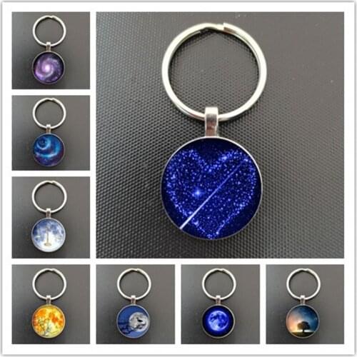 Colorful and gorgeous space star moon glass cabochon keychain nebula glass dome ornament beautiful firework keychain decoration