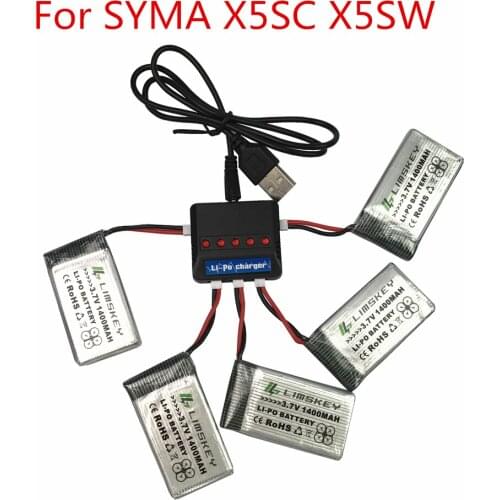 Limskey 1400mAh 3.7V LiPo Battery + USB AC Charger for SYMA X5SW X5SC X5HW X5HC XS801 RC Drone Quadcopter Spare Battery Parts