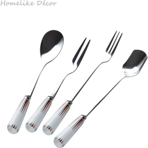 4pcs Stainless Steel Flatware Set with Ceramic Handle Cutlery Set for Fruit Dessert Coffee Tea Ice Cream 13-15cm