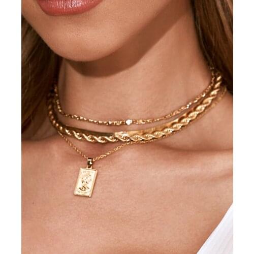 4Pcs/Set Boho Relief Portrait Pendant Necklaces for Women Geometric Clavicle Chain Necklace Summer Holiday Party Jewelry Gift