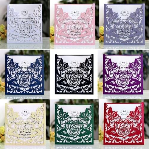 50Pcs/Lot Wedding Invitations Valentines Day Greeting Cards Laser Cut Fashion Style With Red Roses Wedding Decor Party Supplies