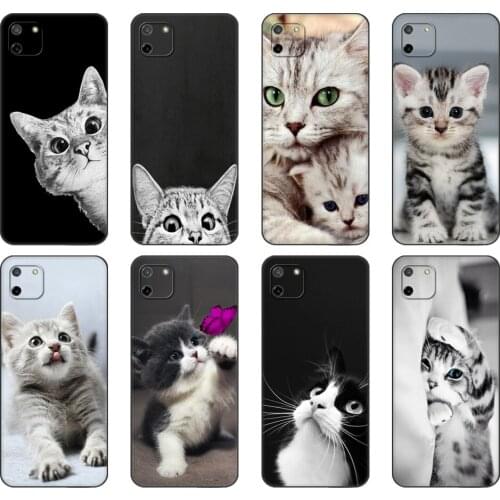 Black tpu Case For OPPO Realme C11 C20 C21 Case Back Cover Bumper funny cat kiss fish