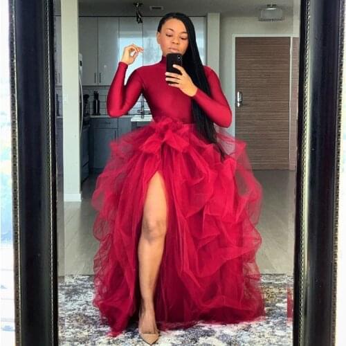 Red High Split Hot Sale Ball Gown Formal Skirt for Party Pick-ups Draped Tulle Maxi Zipper Back Women Skirts юбка Plus Size