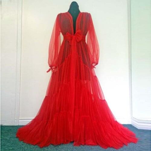 Photo Shoot Robe Long Tiered vestido de fiesta Red Party Dress Sheer Robe de soiree Loose Evening Gowns See Through