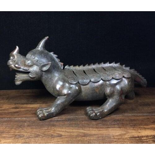 11"Tibet Buddhism Temple Old Bronze Cinnabars Unicorn statue Incense burner Pixiu statue Incense Lucky Town House Help transport
