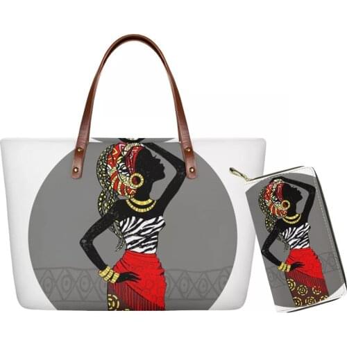 Brand New 2pcs/set Black Women Art African Girls Printed Custom Handbags&Purse Ladies Travel Beach Bag for Females Shoulder Tote