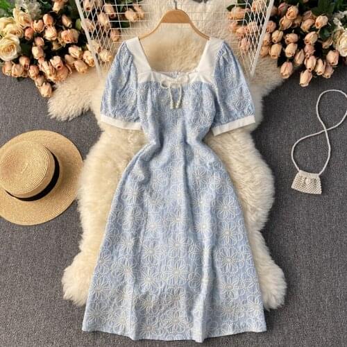 2021 palace style dress womens summer dress new retro heavy embroidery slim mid-length gentle style first love dress