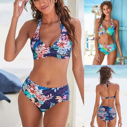 High waist bikini Women Push Up Splice Vintage Print Two Pieces Bikini Swimwear Swimsuit Beach Set maillot de bain femme