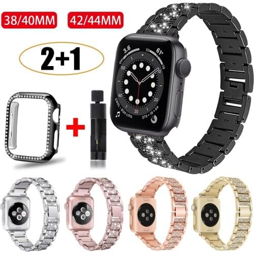 Diamond Case+Stainless Steel Band for Apple Watch Series 6 5 4 SE Strap 40mm 44mm Metal Correa Bracelet for Apple Watch 42/38mm