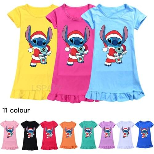 Stitch Cotton Nightdress Little Teen Girl Pajamas Dresses Children Cartoon Summer Nightgown Home Clothes Kids Sleepwear Gecelik