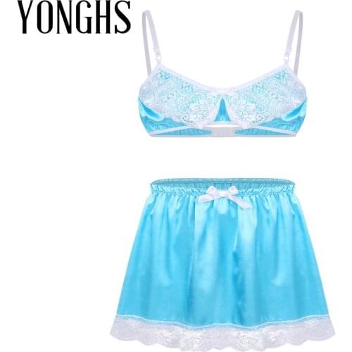 Sissy Crossdresser Lingerie Set Mens Satin Lace Adjustable Spaghetti Shoulder Straps Bra Top with Elastic Waistband Short Skirt
