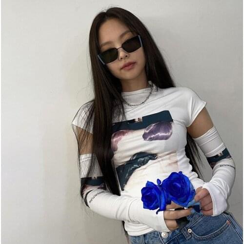 Kpop Korean Celebrity Women Summer Fashion Splice Long Sleeve TShirt Sexy Wild T Shirts Lady Slim Casual O-Neck Tees Cotton Tops