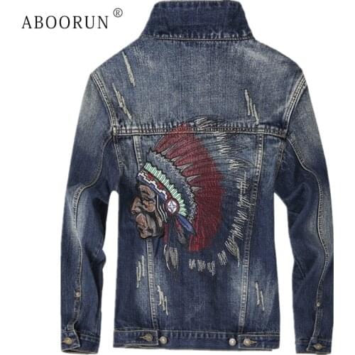ABOORUN Mens Fashion Denim Jacket Embroidery Ripped Slim fit Denim Jacket Spring Autumn Coat for Male x427