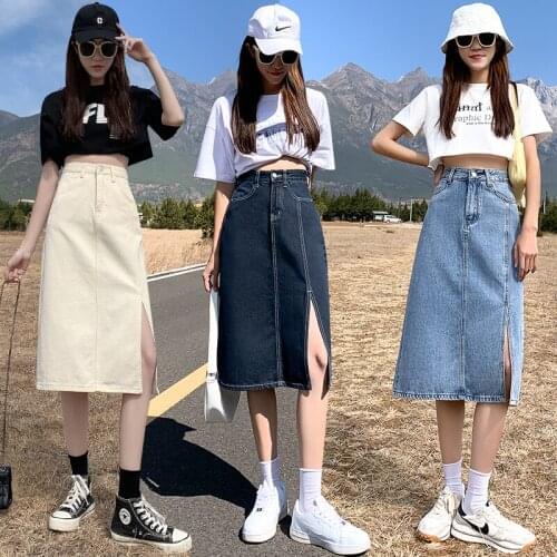 Summer New High Waist Split Denim Knee-Length Skirt Plus Size A Line Korean Casual Jean Skirts For Ladies
