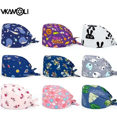 Adjustable Dental dentist hat Prints Cotton Surgical Cap Unisex Adjustable Nurse Cap Buckle Elastic Beauty Hat Doctor Baotou Cap