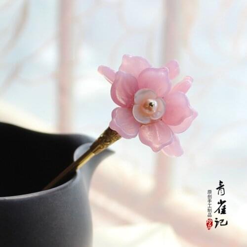 Handmade Pink magnolia pearl Hair pin sticks accessories Headwear do-up tools for hair bun for kimono hanfu COSPLAY