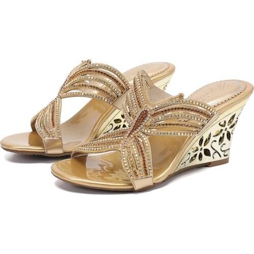 Rhinestone Wedge Heel Shoes Open Toe Summer High Heel Slippers Gorgeous crystal ladies slides Party Shoes
