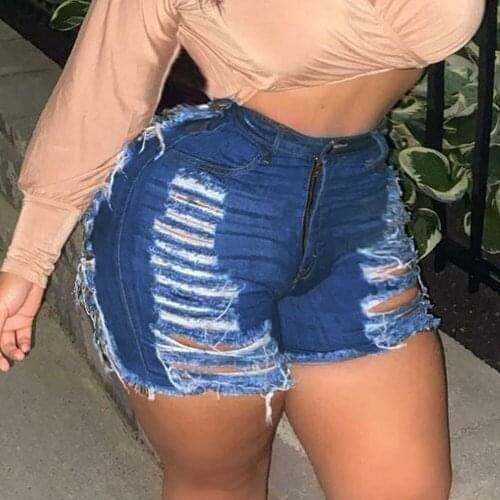 Dark Blue Ripped Hollow Out Denim Shorts With Tassel Women 2021 Summer Plus Size High Waist Cut Out Sexy Hole Jean Shorts Female