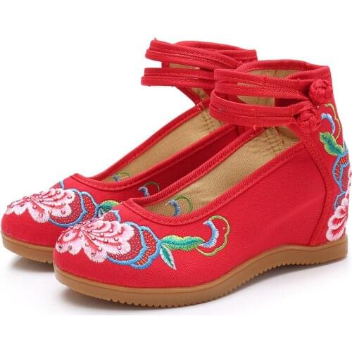Vintage Hidden 5cm Med Heels Ladies Canvas Embroidery Shoes High Top Ankle Strap Women Casual Wedged Pumps Soft Comfortable