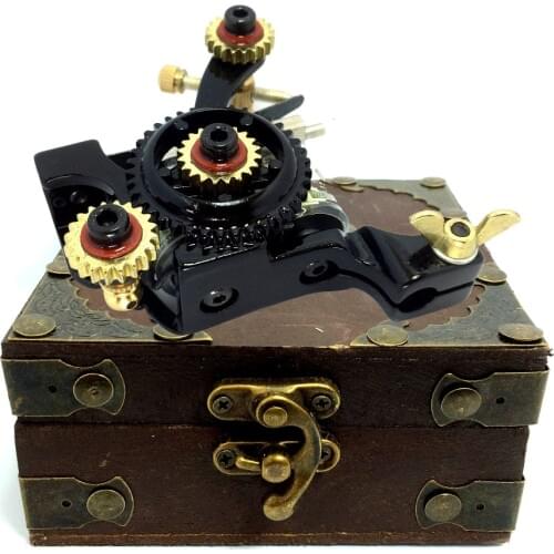Top Professional Handmade Pure wheel Steel Tattoo Machine Gun For Liner Supply with Classical wood Tattoo box
