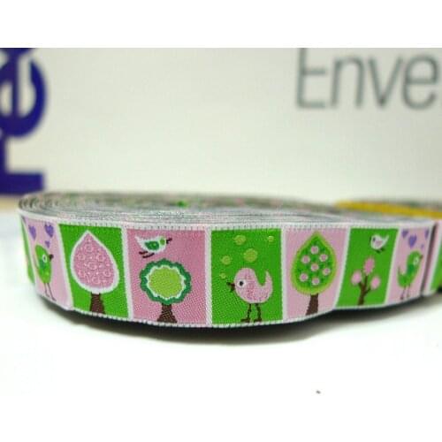 5/8'' 16mm Wide Birds Trees Pink Tone European Jacquard Ribbon