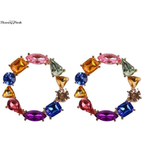 Banny Pink Large Geometric Circle Stud Earrings For Women Party Crytal Round Square Triangle Statement Post Earrings Pendientes