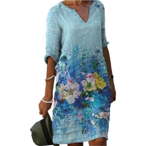 Summer New V-Neck Half Sleeve Women Dress Vintage Floral Print Casual Street Beach A-line Dress Vestidos