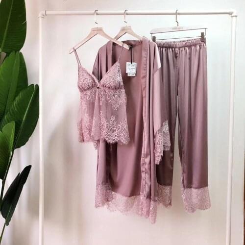 Satin Pajamas for Women Elegant 3pcs Sleepwear Female Sexy Lace At All Seasons Silk Pajamas Set Coat+Vest+Pants 2019 Pijama