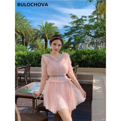 BULOCHOVA New Fashion Women V Neck Pullovers Pink Mesh Dot Mini Dress 2021 Summer Students Sweet Birthday Party Vestidos Femme