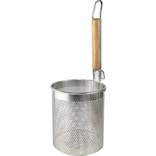 Stainless Steel Noodle Food Strainer with Hook and Wooden Handle, Strainer Basket for Dumpling, Udon, Vegetables or Pasta