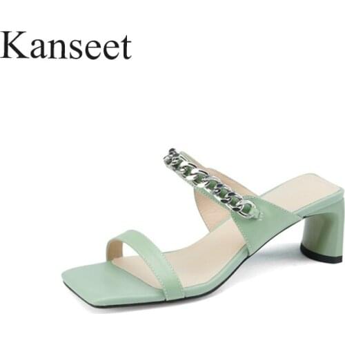 Kanseet Chain Decoration Fashion Summer New Square Toe Outdoor Women Slippers Genuine Leather Shoe Handmade High Heels Slippers