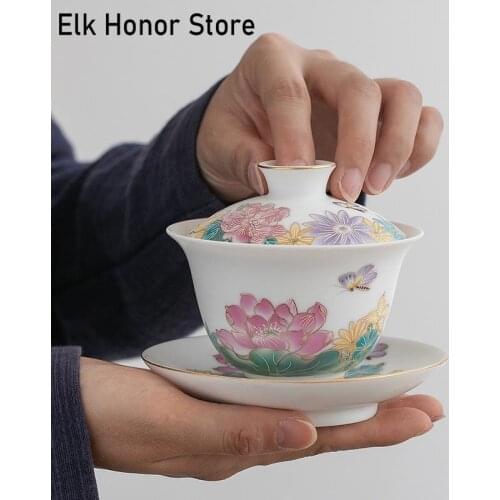 140ml Ceramic Whiteware Cover Bowl Blue Pattern Cover Bowl Single Large Jingdezhen Thin Tire Kung Fu Tea Set Tea Bowl Gaiwan