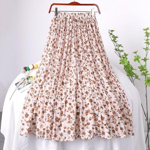 Summer Pleated Chiffon Floral Skirt Ladies Fashion Korean High Waist Was Thin A-line Big Skirt Female Casual Print Woman Skirts