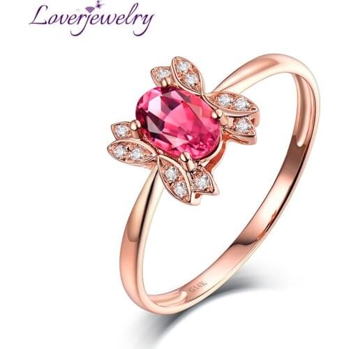LOVERJEWELRY Lady Tourmaline Rings Pure 14KT Rose Gold Pink Tourmaline Diamonds Ring Party Jewelry For Women Birthday Best Gift