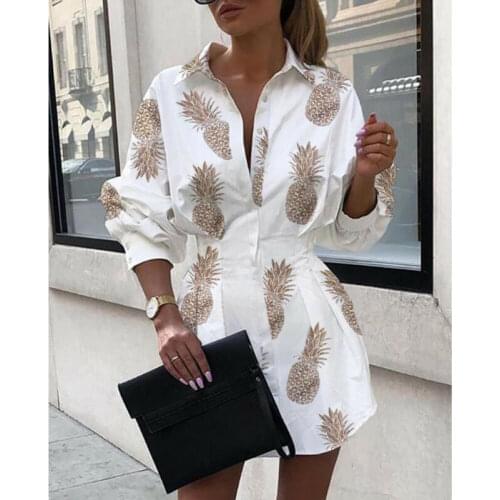 Autumn Women Mini Dress New Letter Pinapple Printed Loose Casual Shirt Dresses Fashion Long Sleeves Buttons Female Short Vestido