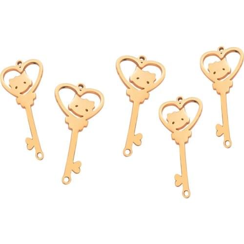5pcs Stainless Steel Necklace & Pendant Cat Key For Women Metal Heart Shape With 2 Holes Charm Pendant DIY For Jewelry Making