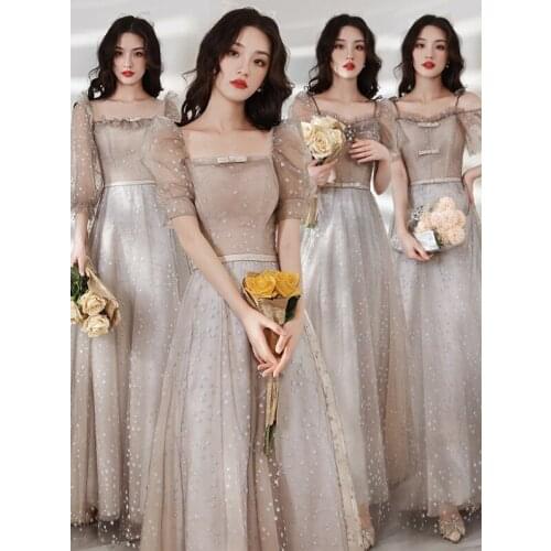 Bridesmaids Dresses Illusion Short Boat-Neck Tulle Floor-Length A-Line Embroidery Spaghetti Straps Women Wedding Party Gown E658