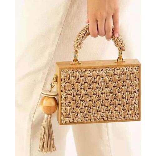 2021 Summer Beach Bamboo Tassel Straw Woven Bag Cross-body Single Shoulder Beach Handag Rattan Rope Square Chain Strap Box