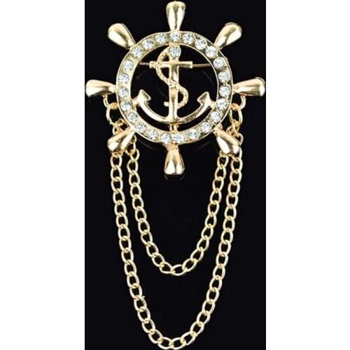 Crystal Brooch Golden Ships Anchor Rudder Brooches For Mens Suit Badge Lapel Pin For Men Women Chain Christmas Gift
