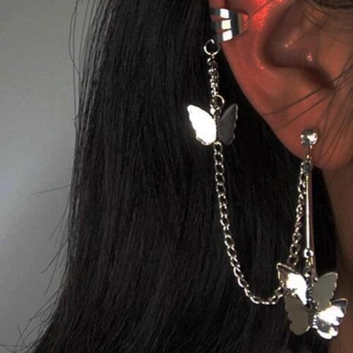 1Pc Fashion Women Alloy 2 in 1 Butterfly Chain Ear Cuff Clip Eardrop Earring