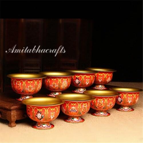 Tibetan buddha Alloy Metal Eight Auspicious Symols Buddhism Colored Pictures Crafts Sacrifice Bowl holy water cup 8pc/lot