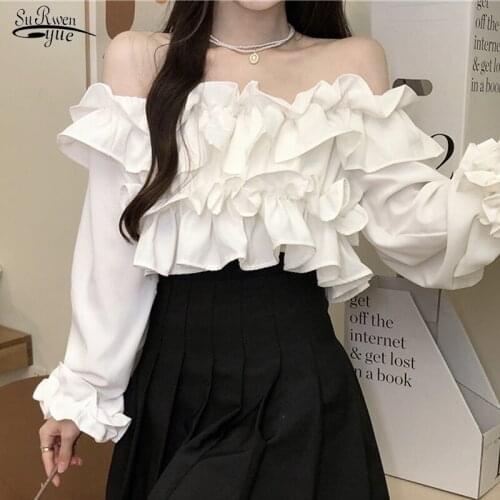 Vintage Slim Petal Sleeve Pleated Patchwork Shirts Elegant Ruffled Slash Neck Short Solid Blouses Casual Sexy Tops Blusas 17256
