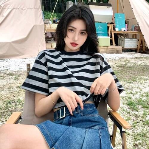 Female Korean Harajuku Loose Casual Striped Tshirt Womens T-shirts Tops Japanese Kawaii Ladies Ulzzang Clothes For Women