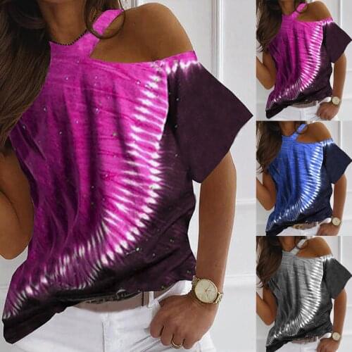 Women Short Sleeve Exposed One Shoulder Round Neck Sexy T-shirt Tie-dyed Printing Blouse Top Daliy All-match Lovely Girl T-shirt