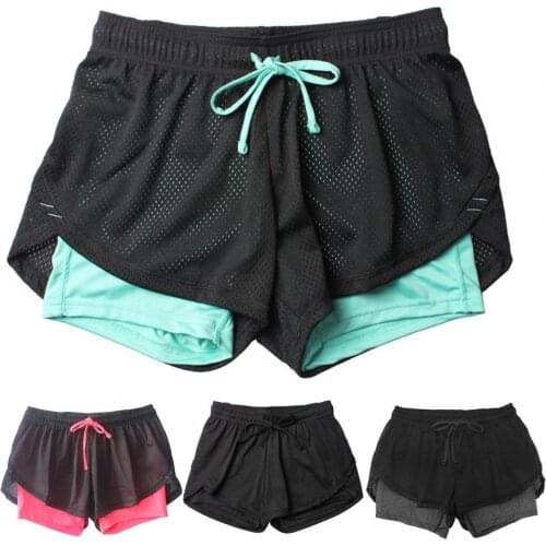 2021 Women Summer Double Layer Running Shorts Fake Two Piece Ladies Mesh Drawstring Women High Waist Shorts