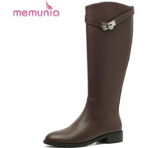 MEMUNIA Genuine Leather Shoes Square Heels Zipper Knee High Boots Buckle Retro Women Boots Winter Hand Made Ladies Top Quality