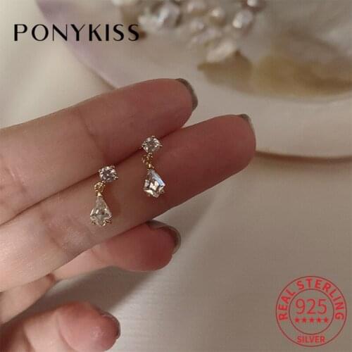PONYKISS Trendy 925 Sterling Silver Water Drop Zircon 14K Gold Stud Earrings For Women Lovely Party Fine Jewlry Drop Shipping