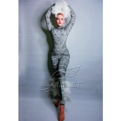 Women New Fashion Printed Gray Stretch Shining Crystals Jumpsuit Set Sexy Rhinestones One Piece Stage Costume Nightclub Bar Set