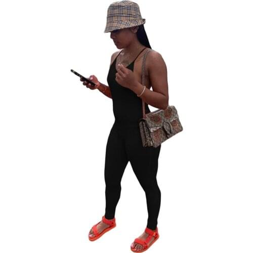 Summer Women Slim Bodycon Jumpsuits Sexy Spaghetti Strap Backless Skinny Elastic Black White Long Jumpsuit Casual Overalls Women