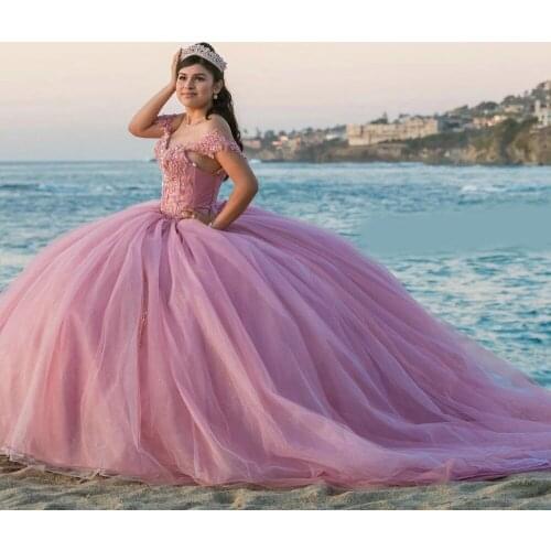 2021 Pink Off The Shoulder Ball Gown Quinceanera Dresses Shiny Beading Crystal Appliques Sweet 16 Dress Vestido De 15 Anos